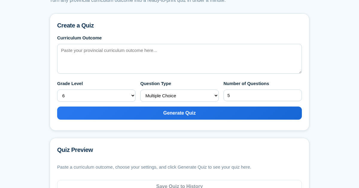 Curriculum Quiz Builder for Canadian Teachers
